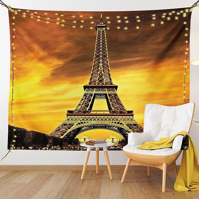 Ambesonne Eiffel Tower Tapestry Queen Size, Paris Love City Monument in Dramatic Sunrise Picture of French Landmark, Wall Hanging Bedspread Bed Cover Wall Decor, 88" X 88", Yellow Brown