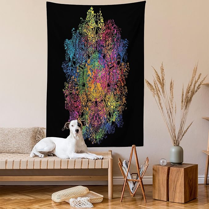 Ambesonne Psychedelic Tapestry, Colorful Mandala Pattern Cosmos Universe Graphic Print, Wall Hanging for Bedroom Living Room Dorm Decor, 60" X 80", Black Pink