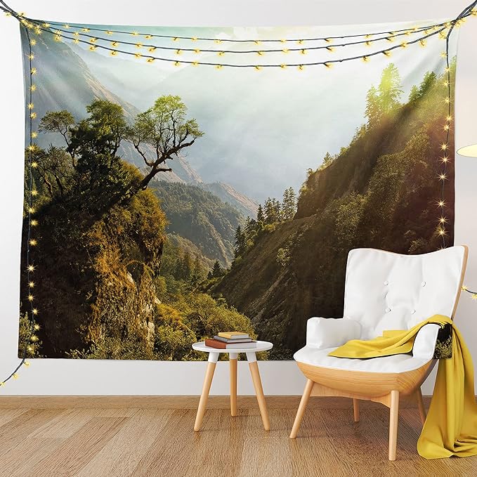 Ambesonne Landscape Tapestry, Forest Nepal Himalaya Mountains Sunlight Majestic Scenery Nature Photo, Fabric Wall Hanging Decor for Bedroom Living Room Dorm, 30" X 45", Green Pale Yellow