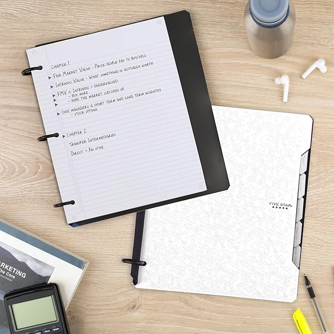 Five Star Flex Refillable Notebook + Study App,College Ruled Paper and 1 Inch TechLock Ring Binder with Pockets,Tabs and Dividers,200 Sheet Capacity,White (29328AE2),(Pack of 6)