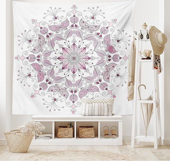 Ambesonne Mandala Tapestry, Lacy Inspired Pastel Floral Motif with Butterfly and Lotus Branches Design, Wide Wall Hanging for Bedroom Living Room Dorm, 60" X 40", White Pale Pink