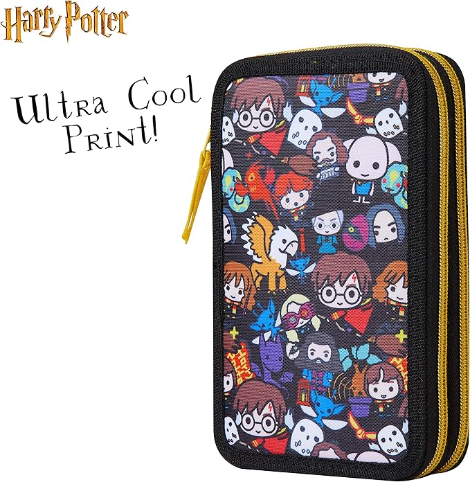 Harry Potter Gifts Pencil Case for Kids, Large Double Zip Organizer Pencil Pouch Filled with School Art Supplies, Stationery Set for Boys and Girls (Black AOP)