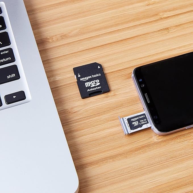 Amazon Basics Micro SDXC Memory Card with Full Size Adapter for Smartphones, Tablets, Action Cameras, Full HD, A2, U3, Read Speed up to 100 MB/s, 256 GB, Black
