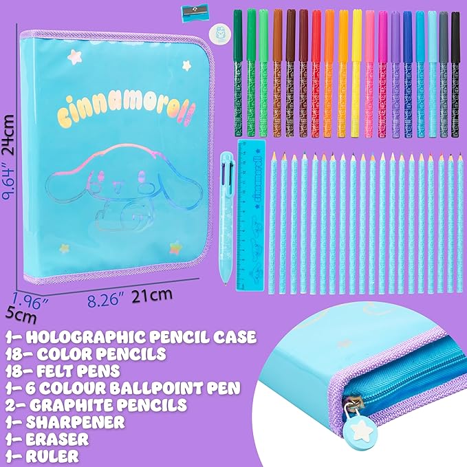 Hello Kitty Sanrio Pencil Case Kids Colored Pencils Markers Kawaii Kuromi Stationery Gifts for Kids (Blue Cinnamoroll)