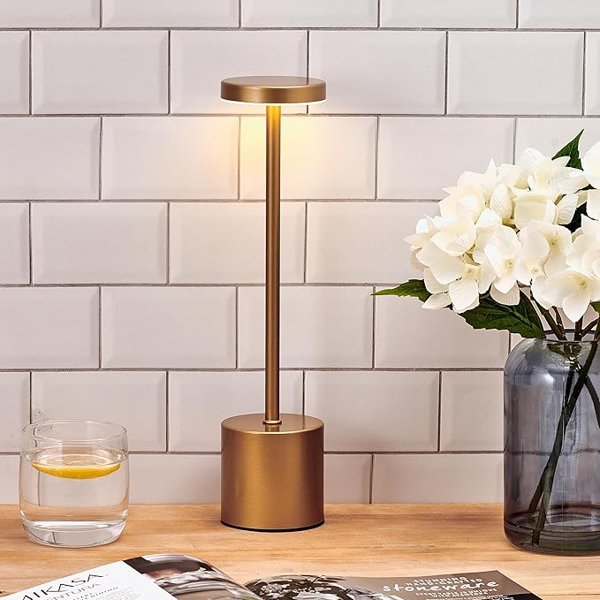 Mikasa 13.3 Inch LED Rechargeable Lamp with Touch Control - Cordless Table Lamp with Stepless Dimming, 3 Color Temperature Modes, 54 LED Lights, 48-Hour Battery Life, Gold Finish Desk Lamp