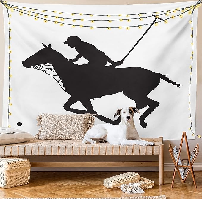 Ambesonne Sports Tapestry King Size, Silhouette Illustration of Polo Player on a Horse Hitting a Ball Print, Wall Hanging Bedspread Bed Cover Wall Decor, King Size, Charcoal Grey