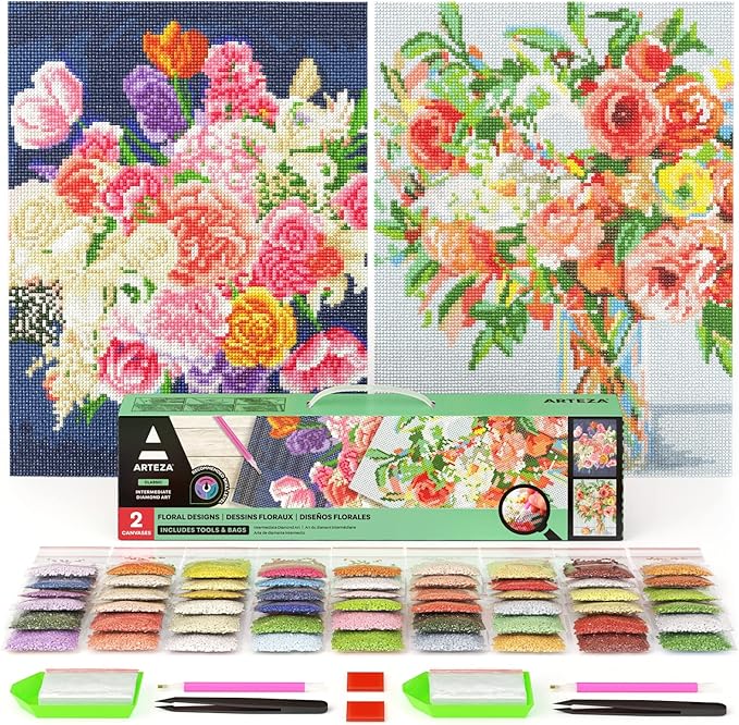 Arteza 5D Diamond Painting Kit, 2-Pack, Floral Designs, Full-Drill Diamond Art for Adults, 12 x 16 Inches Canvases, Round Rhinestones, & Painting Accessories, Bead Art Craft Supplies