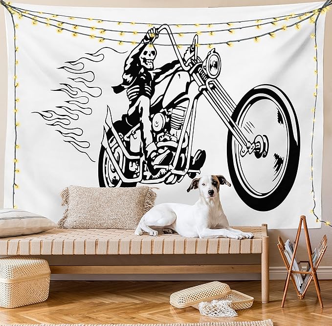 Ambesonne Motorcycle Tapestry, Cool and Dangerous Flaming Death Ride Fearless Skeleton Fantasy Items, Fabric Wall Hanging Decor for Bedroom Living Room Dorm, 45" X 30", Charcoal Grey White