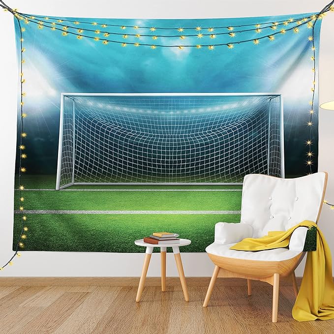 Ambesonne Soccer Tapestry, Soccer Goal Post Sports Area Winner Loser Line Floodlit Best Team Finals Game Theme, Fabric Wall Hanging Decor for Bedroom Living Room Dorm, 23" X 28", Green and Blue