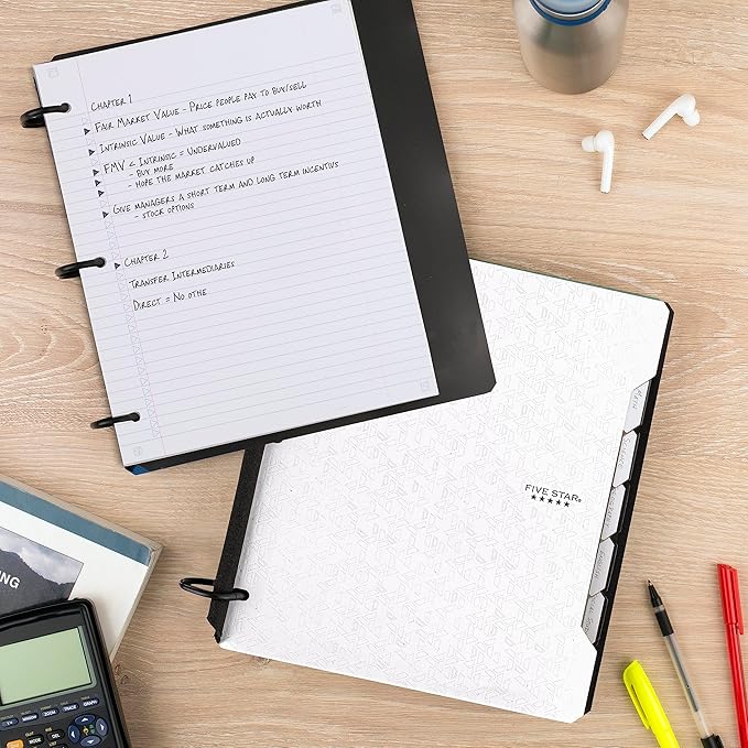 Five Star Flex Refillable Notebook + Study App, College Ruled Paper and 1-1/2 Inch TechLock Ring Binder with Pockets, Tabs and Dividers, 300 Sheet Capacity, White (29324AE2) (Pack of 6)
