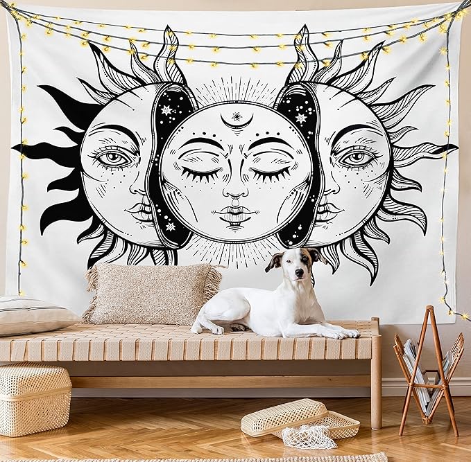 Ambesonne Moon Tapestry Twin Size, Monochrome Sun and Moon Pattern Oriental Image Culture Inspired Design Print, Wall Hanging Bedspread Bed Cover Wall Decor, 68" X 88", White Black