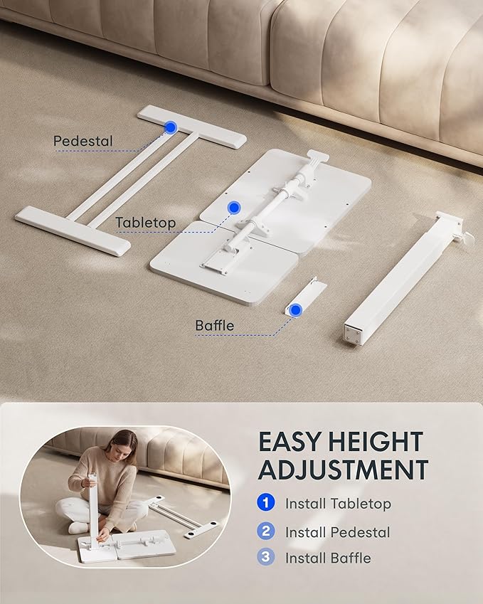 FLEXISPOT Adjustable Height C-Shaped End Table with Split Tilting Top – Mobile Side Table for Sofa & Bedside, Slides Under Furniture, Hidden Wheels for Small Spaces(31.6" W x 15.7" D,White)