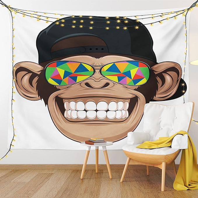 Ambesonne Cartoon Tapestry King Size, Fun Hipster Monkey with Colorful Sunglasses and Hat Rapper Hippie Ape Art, Wall Hanging Bedspread Bed Cover Wall Decor, 104" X 88", White Brown