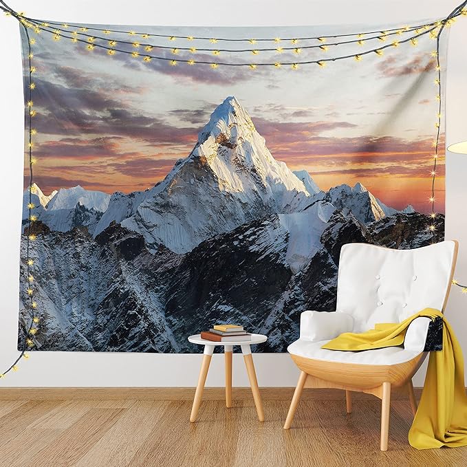 Ambesonne Mountain Tapestry Twin Size, Evening South High Hill Above the Sky Colorful Nepal Everest Photo, Wall Hanging Bedspread Bed Cover Wall Decor, 68" X 88", Bluegrey Salmon