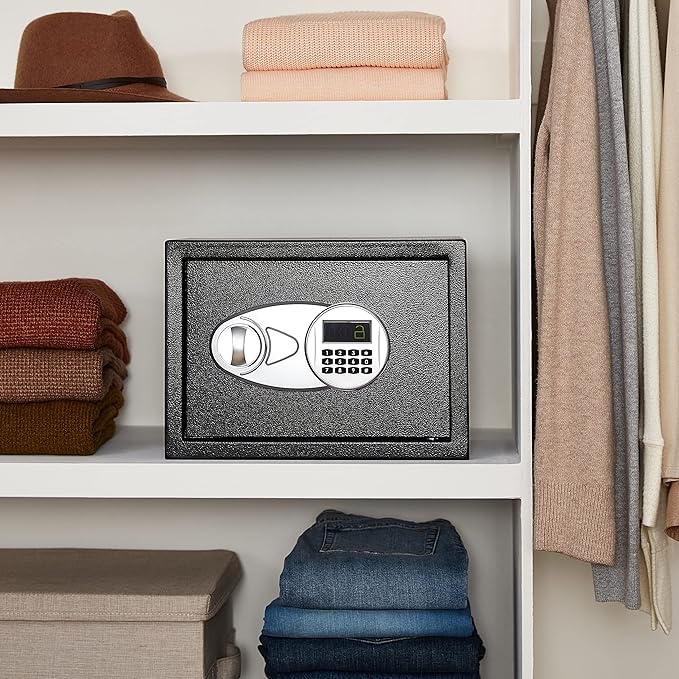 Amazon Basics Steel Security Safe and Lock Box with Electronic Keypad, Secure Documents Storage, Black, 0.5 Cubic Feet, 13.8" W x 9.8" D x 9.8" H, Removable Shelf