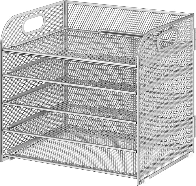 5 Tier Paper Organizer with Handle, Silver Metal Mesh Desk Organizer File Folder Paper Letter Tray Desktop Document Sorter for Classroom, School, Office Accessories Organization and Storage