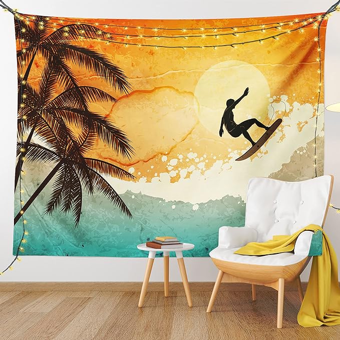 Ambesonne Grunge Tapestry, Illustration of Tropical Island Surfer on Sea Waves and Palms at Sunset, Fabric Wall Hanging Decor for Bedroom Living Room Dorm, 23" X 28", Orange Turquoise Black