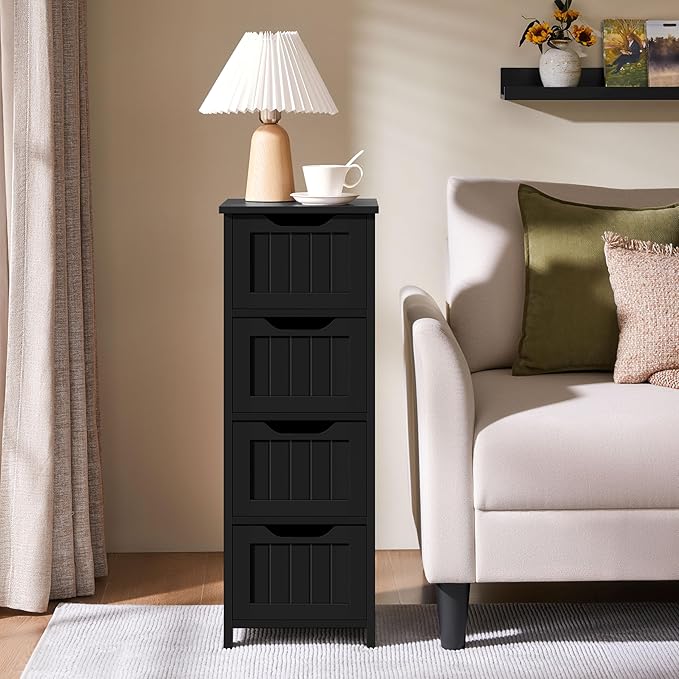 Yaheetech Bathroom Floor Cabinet, Wooden Side Storage Organizer, 4 Drawers Free-Standing Cabinet for Bathroom/Hallway/Living Room, Black
