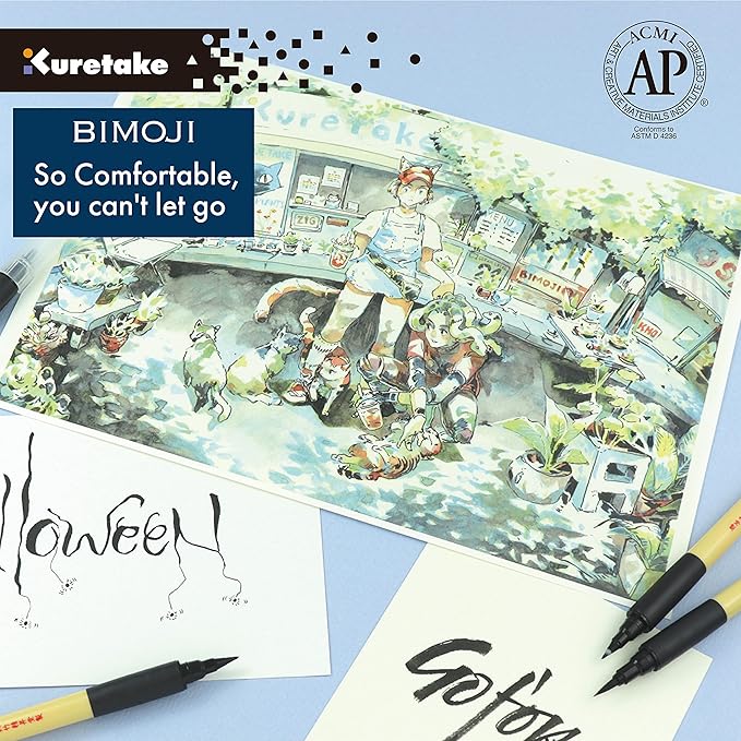 Kuretake Bimoji Brush Pen, 5 pcs set, brush tip marking fude brush pen, for Calligraphy, lettering, illustration, Professional, Made in Japan