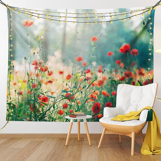 Ambesonne Nature Tapestry Queen Size, Wild Red Poppy Flowers Field Summertime Sunbeams Gardening Bedding Plants, Wall Hanging Bedspread Bed Cover Wall Decor, 88" X 88", Red Green Yellow