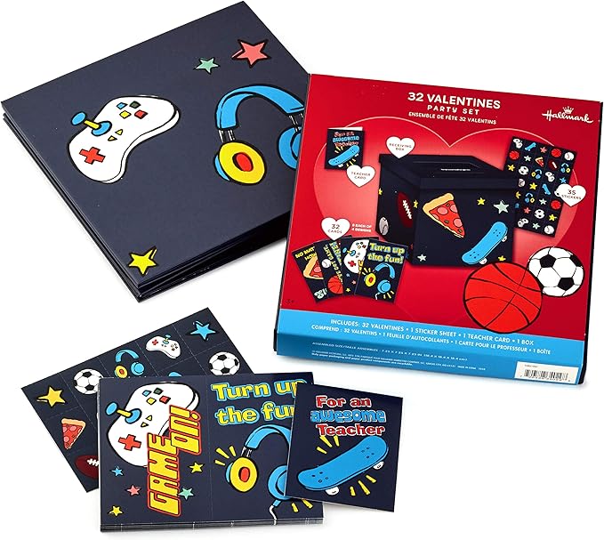 Hallmark Boys Valentines Day Cards and Mailbox for Kids School Classroom Exchange, Games and Sports (1 Box, 32 Valentine Cards, 35 Stickers, 1 Teacher Card)