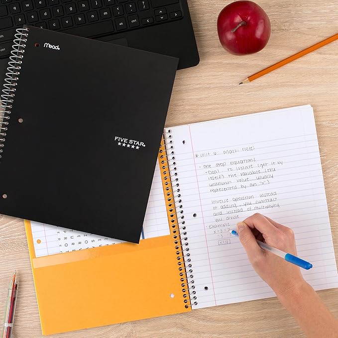 Five Star Spiral Notebooks + Study App, 2 Pack, 3 Subject, College Ruled Paper, 11" x 8-1/2", 150 Sheets, Black, White (73015)