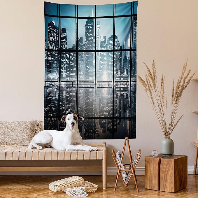 Ambesonne Modern Tapestry, Modern New York City Scenery at Night with Skyscrapers Buildings Print, Wall Hanging for Bedroom Living Room Dorm Decor, 60" X 80", Black Blue