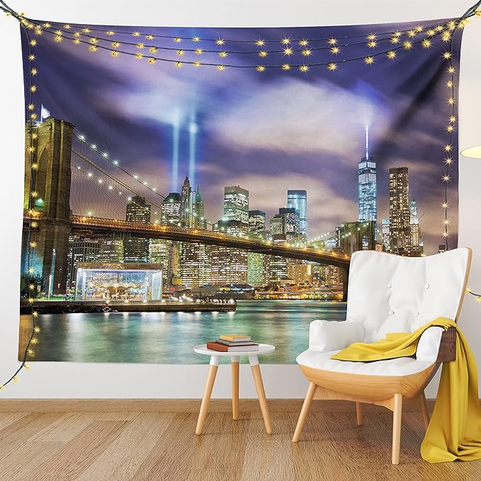 Ambesonne Landscape Tapestry, Manhattan Skyline with Brooklyn Bridge and Towers in NYC United States America, Fabric Wall Hanging Decor for Bedroom Living Room Dorm, 28" X 23", Purple Green