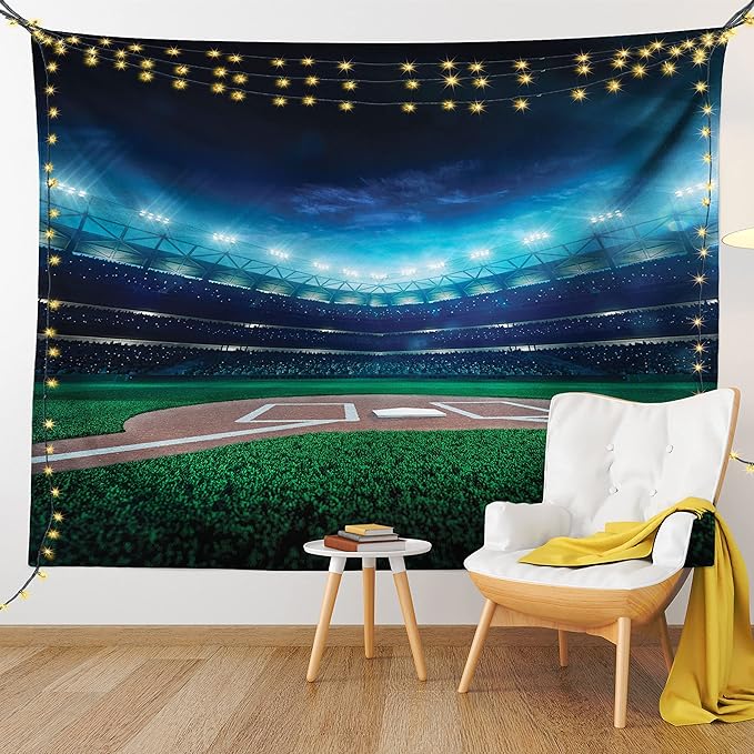 Ambesonne Baseball Tapestry, Professional Baseball Field at Night Vibrant Playground Stadium League Theme Print, Fabric Wall Hanging Decor for Bedroom Living Room Dorm, 45" X 30", Navy Green