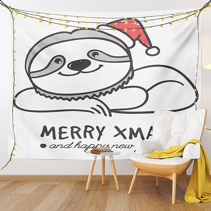 Ambesonne Sloth Tapestry, Smiling Animal Christmas Hat Merry Xmas and Happy New Year Celebration, Wall Hanging for Bedroom Living Room Dorm Decor, 40" X 60", Grey Red Black