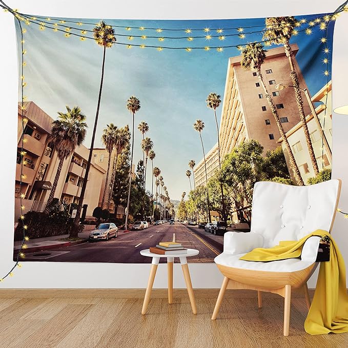 Ambesonne Urban Tapestry Queen Size, Street in Beverly Hills CaliforniPalm Trees Houses Famous City Photo, Wall Hanging Bedspread Bed Cover Wall Decor, 88" X 88", Pale Blue Peach Green