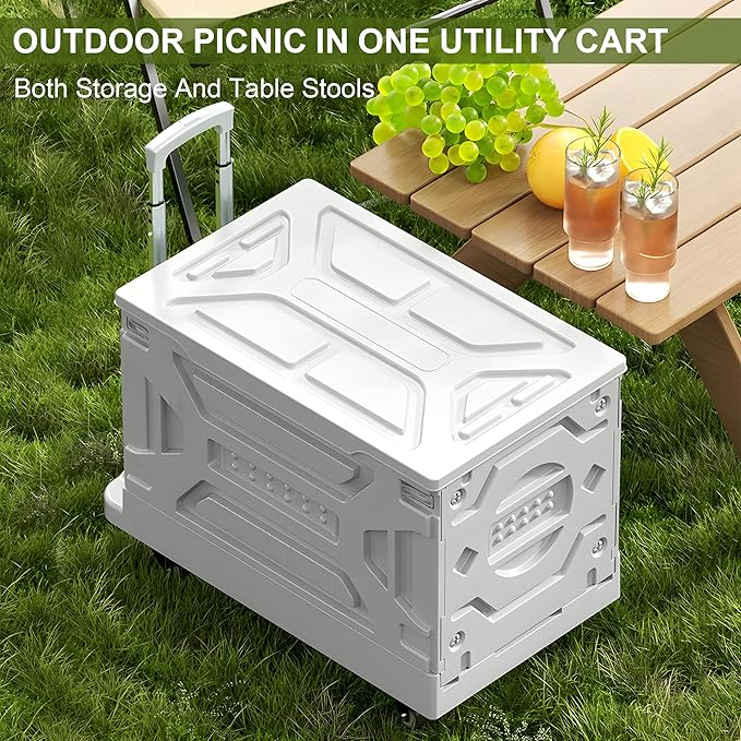 VECELO 23 GAL Modern Rolling Carts with Wheels, Foldable Utility Cart, Light Weight Platform Trucks Dolly, 4 Heavy Duty Wheels, Ideal for Shopping, Camping, Teachers, Pearl White