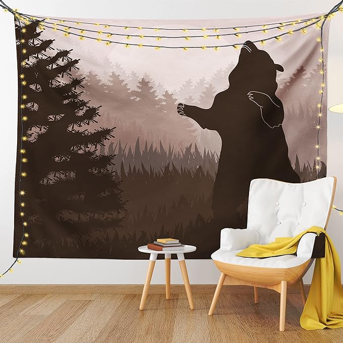 Ambesonne Nature Tapestry, Silhouette of Wild Bear in the Jungle Woodland at Dark Night Illustration, Fabric Wall Hanging Decor for Bedroom Living Room Dorm, 45" X 30", Army Green Pale Peach