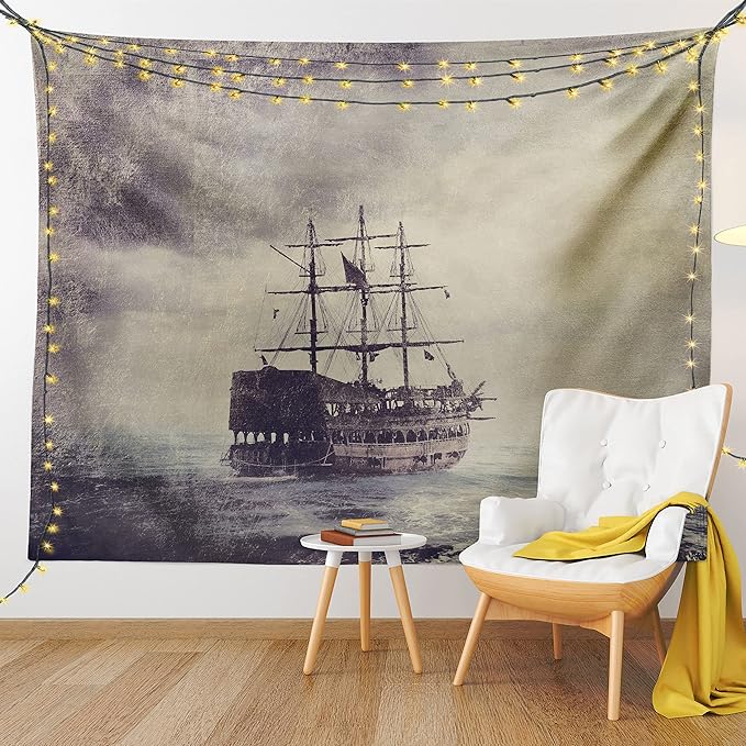 Ambesonne Nautical Tapestry Twin Size, Old Pirate Ship in the Sea Historical Cruise Retro Voyage Grunge Style Art, Wall Hanging Bedspread Bed Cover Wall Decor, 68" X 88", Tan Plum