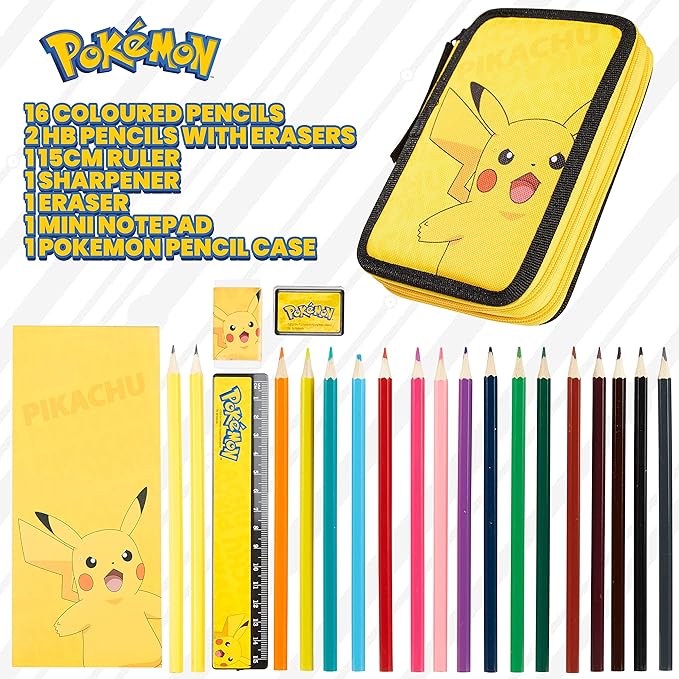 Pokemon Pencil Case for Boys Girls Pikachu Stationery Set with Colored Pencils Sharpener Ruler Eraser Notepad School Supplies Anime Gifts for Kids (Yellow)