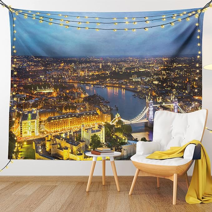 Ambesonne Modern Tapestry, Evening Time at London England Cityscape Night Time and Tower Bridge Landmark Urban Aerial Panorama, Wall Hanging for Bedroom Living Room Dorm, 80" X 60", Yellow Bluegrey
