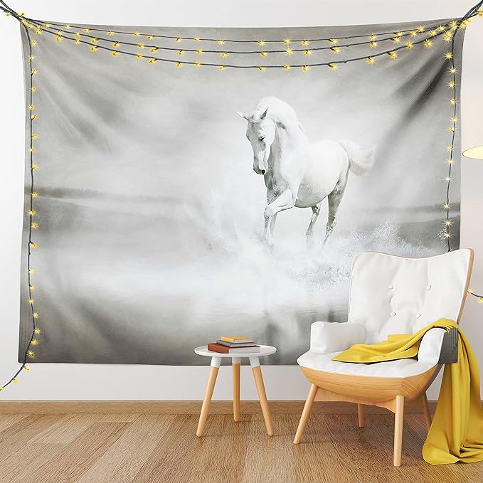 Ambesonne Horses Tapestry, Wild Horse Running Through Water Dramatic for the Motivation of Life Art, Wall Hanging for Bedroom Living Room Dorm Decor, 60" X 80", Black and White