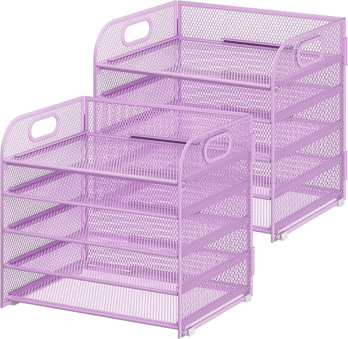 2 Pack 5 Tier Paper Organizer, Letter Tray with Handle, Mesh Desk Organizer, Metal File Organizer, Office Desk Accessories for Home, Office, Classroom, School -Purple