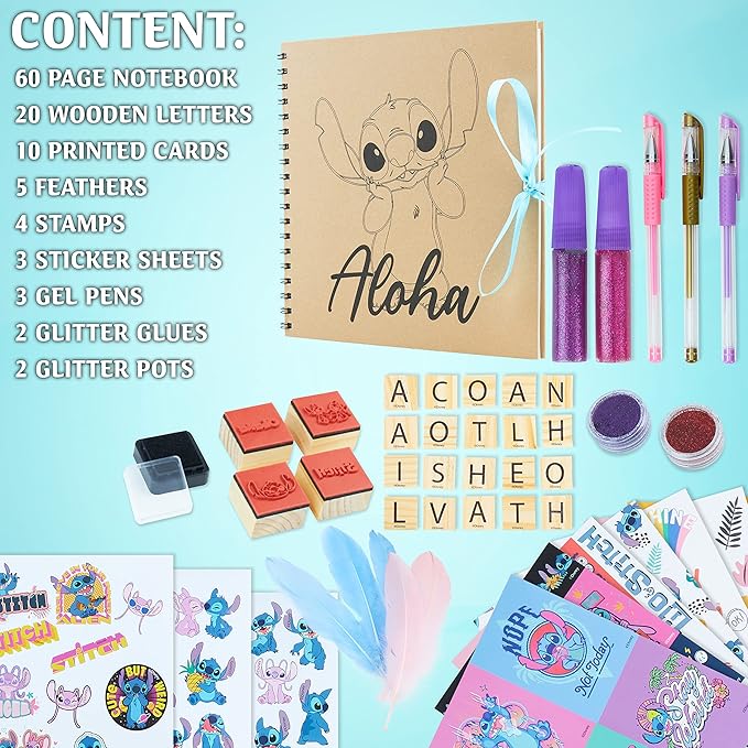 Disney Stitch Scrapbook Supplies Set for Girls Teenagers DIY Scrapbooking Supplies Arts Craft Kit with Stickers Stamps Glitter Gel Pens Journal Stitch Gifts