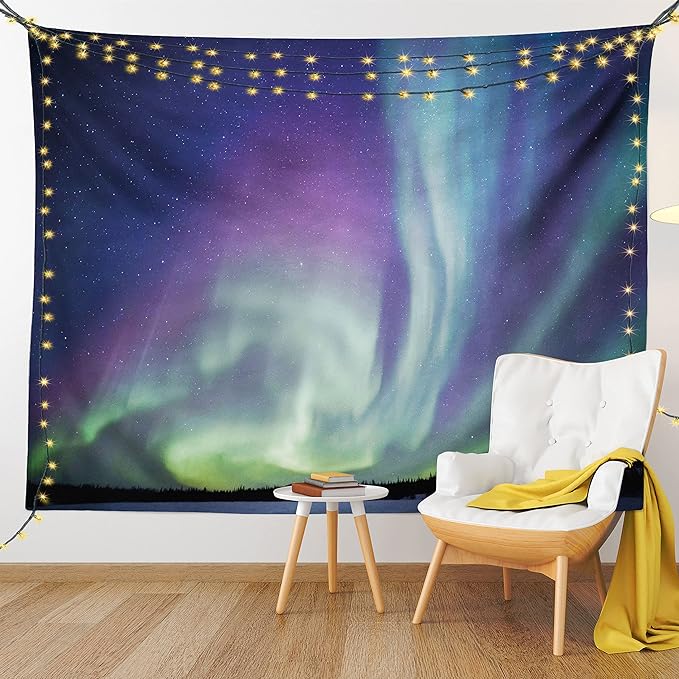 Ambesonne Aurora Borealis Tapestry, Exquisite Atmosphere Solar Starry Sky Calming Night Image, Fabric Wall Hanging Decor for Bedroom Living Room Dorm, 45" X 30", Dark Blue Mint Green