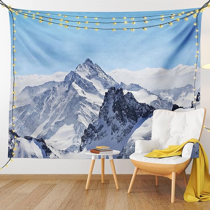 Ambesonne Winter Tapestry, Snowy Rocky Mountain Peaks Tops Scene High Lands ICY Frozen Swiss Outdoor Art, Wall Hanging for Bedroom Living Room Dorm Decor, 40" X 60", Blue and White