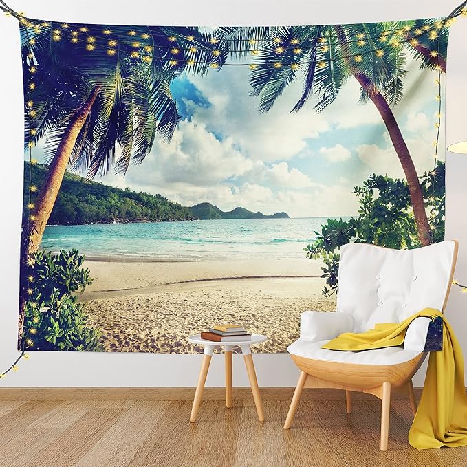 Ambesonne Palm Tree Tapestry Queen Size, Summer Beach Vintage Style Tropical Sunset Picture Print, Wall Hanging Bedspread Bed Cover Wall Decor, 88" X 88", Dark Green Sand Brown