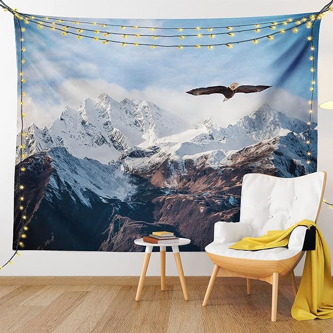 Ambesonne Mountain Tapestry, Frozen Peaks Tops of the Mountain with a Flying Eagle Free in Nature Photo, Fabric Wall Hanging Decor for Bedroom Living Room Dorm, 23" X 28", Brown White Blue
