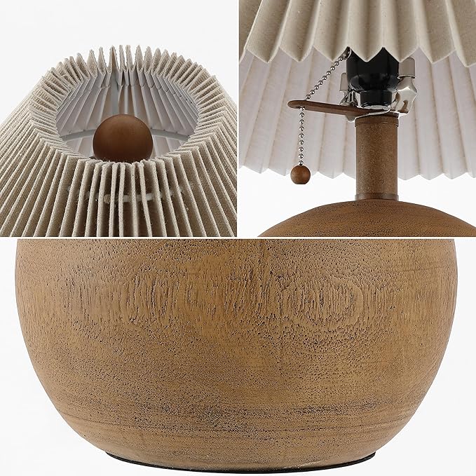 JONATHAN Y 17.25" Brown Wood Finish Sphere Table Lamp, Mid-Century Bedside Nightstand with Beige Pleated Linen Shade, Scandinavian Coastal Style, LED Bulb Included JYL1145A