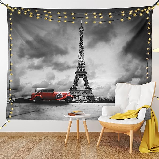 Ambesonne Eiffel Tower Tapestry, Image of Eiffel Tower Paris France Vintage Car Street Dark Clouds, Fabric Wall Hanging Decor for Bedroom Living Room Dorm, 45" X 30", Black Red