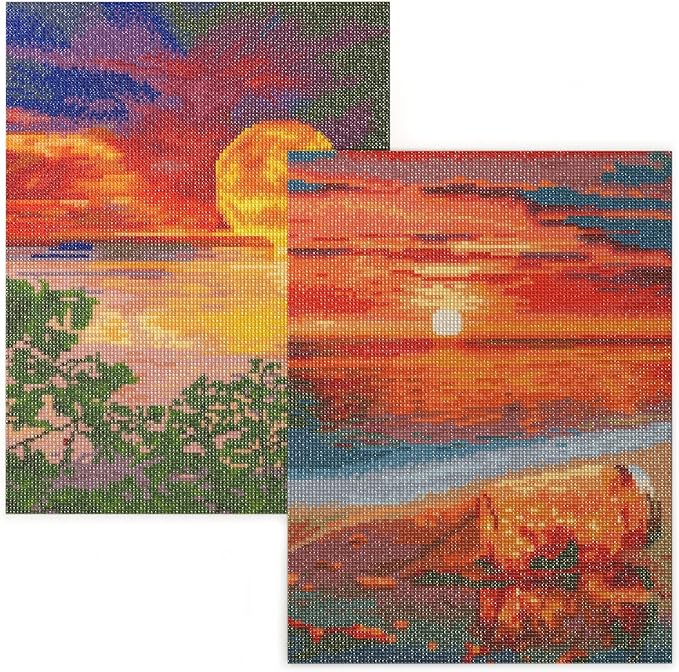 ARTEZA 5D Diamond Painting Kit, 2 Pack, Sunset Moon Designs, Full-Drill Diamond Art for Adults, 12 x 16 Inches Canvases, Round Rhinestones, Diamond Painting Accessories, Bead Arts Crafts Supplies