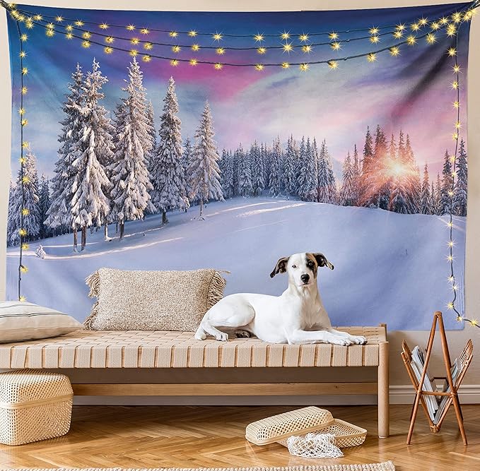 Ambesonne Winter Tapestry Twin Size, Idyllic Panorama of Winter Sunrise in Snow Covered Mountains Serenity Freshness, Wall Hanging Bedspread Bed Cover Wall Decor, 68" X 88", Pastel Lavender