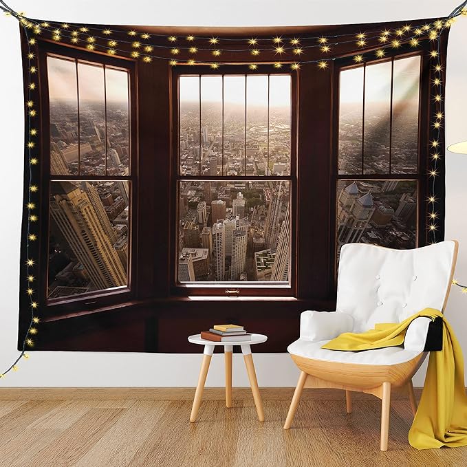 Ambesonne Aerial Tapestry Twin Size, Urban View from The Window View City Dusk Building North American Town Scene, Wall Hanging Bedspread Bed Cover Wall Decor, Twin Size, Brown and Taupe