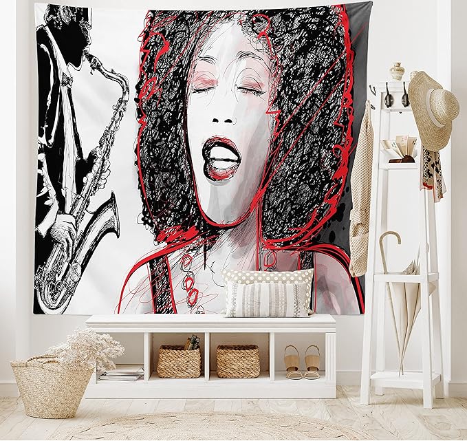 Ambesonne African Tapestry, Afro Lady Singing a Jazz Song with Saxophone Player Silhouette Vintage Design, Wide Wall Hanging for Bedroom Living Room Dorm, 60" X 40", Black Pale Grey