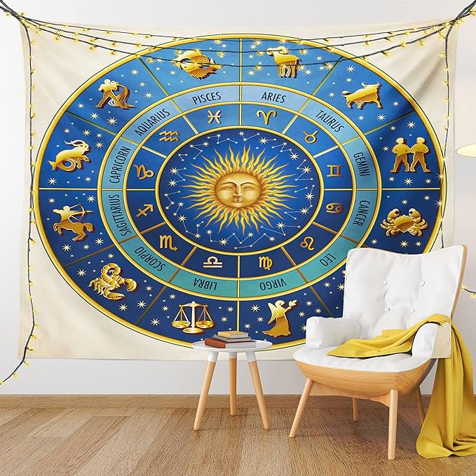 Ambesonne Astrology Tapestry Queen Size, Wheel of Astrological Signs Names Dates Moon Sun in Middle, Wall Hanging Bedspread Bed Cover Wall Decor, Queen Size, Blue Yellow and Cream